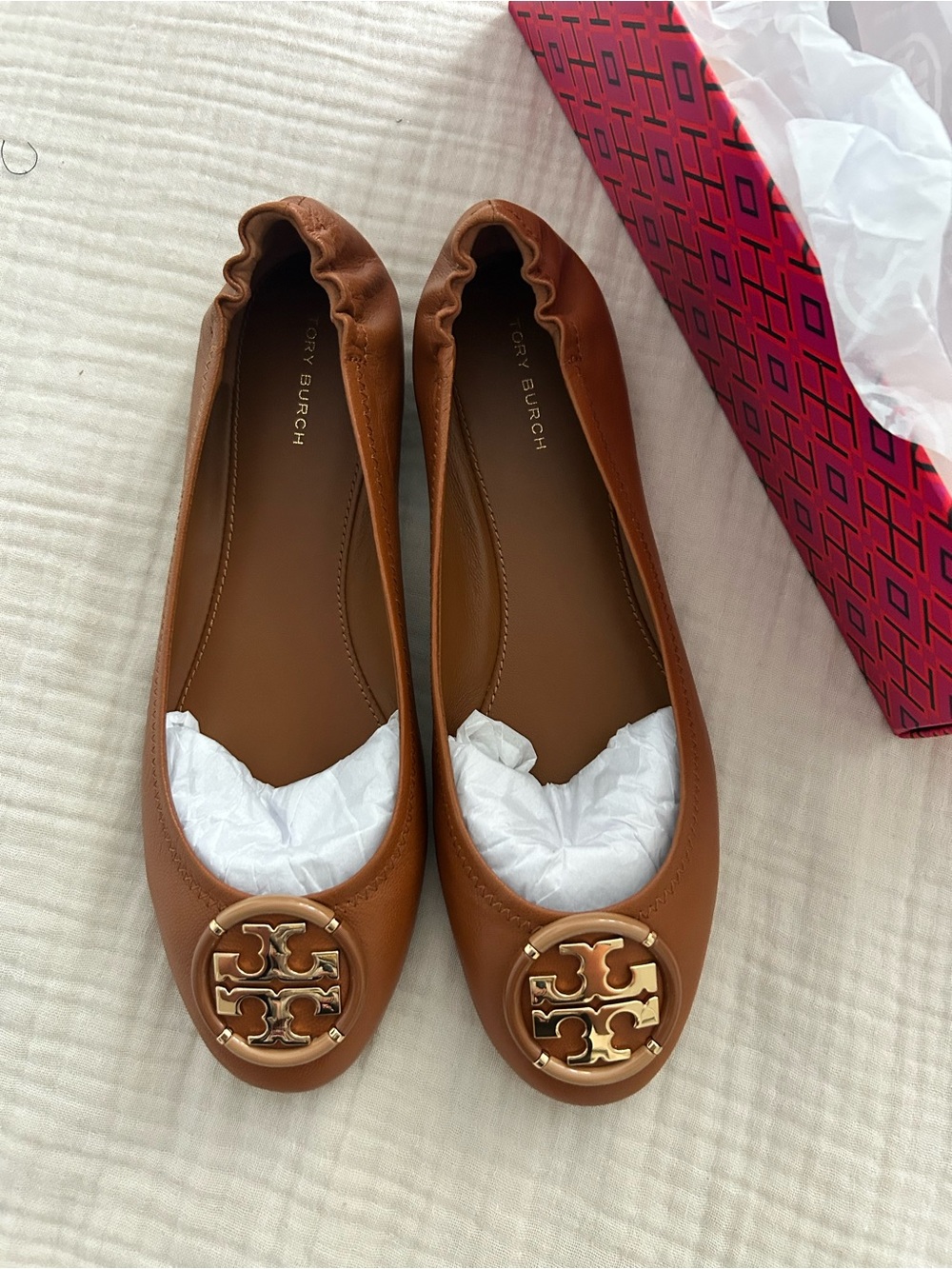 Tory Burch Cognac Leather Logo Medallion Ballet Flats